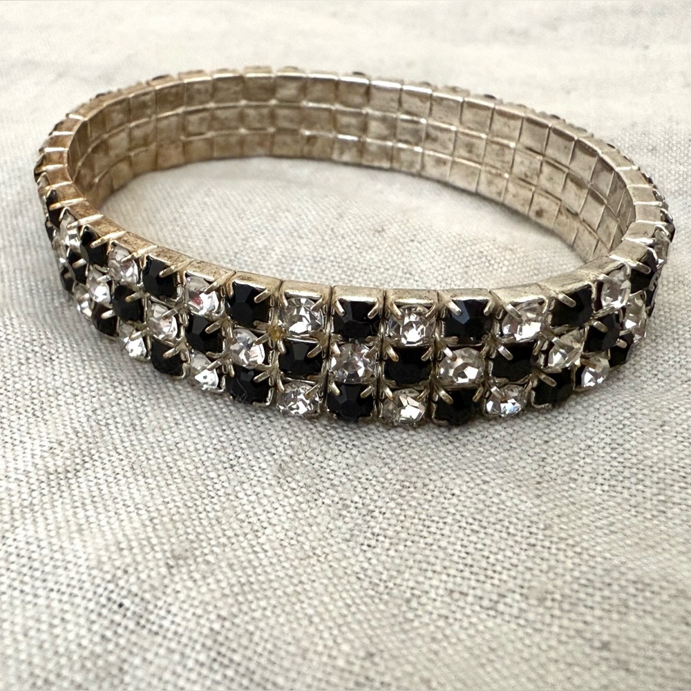 Vintage Stretch Clear and Black Checkerboard Gemstone Tennis Bracelet
